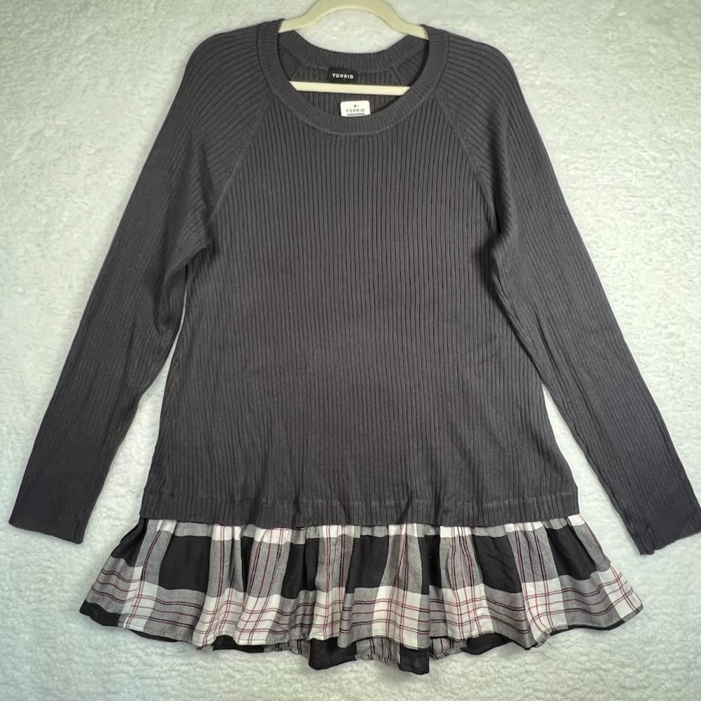 Torrid Size 2 (18/20)  Y2K Ribbed Knit Tunic Plaid Ruffle Hem Stretch Peplum